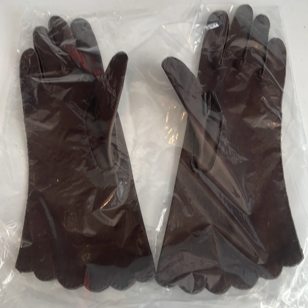 Vtg 1940s brown suede women’s gloves WPL 100% English double woven cotton 6 1/2